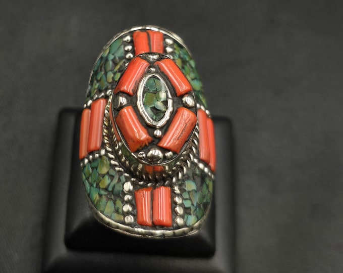 Tibeten Silver Handmade Ring With Natural Turquoise Stone And Coral