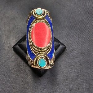 Wonderful Big Red Coral Stone Tibeten Silver Handmade Huge Ring Lapis Lazuli