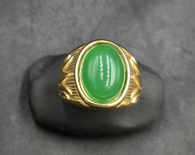 Beautiful Carved Soild Ring Gold Plated Ring With Natural Jade Stone