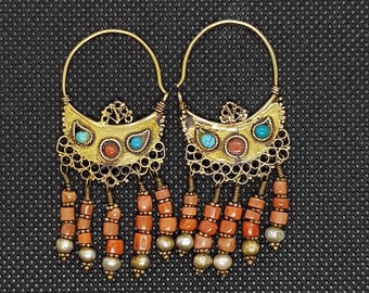 18k Gold Antique Earrings: Coral, Turquoise & Sea Pearl Dangles