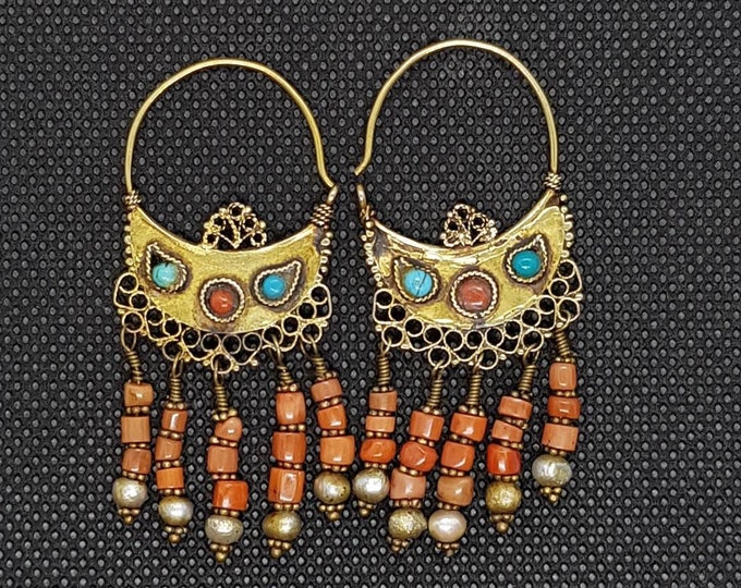 18k Gold Antique Beautiful Amzing collection Earings With Coral And Turquoise Stone