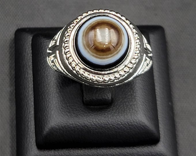 Antique Old Silver Ring With Ancient Agate Evil Eyes Powerful Protection Stone