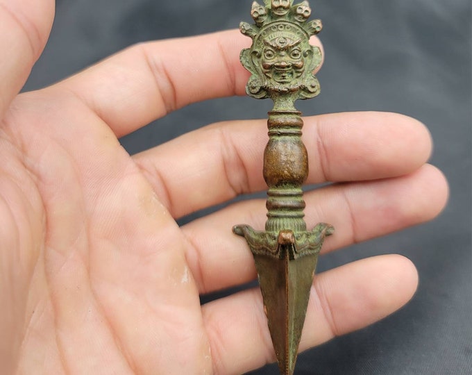 Unique Tibetan Rare Antique Ritual Dagger Sword (Phurba) Bronze Handicrafted Mahakala Face Art Deco