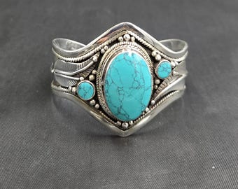 Vintage Native American Turquoise Bangle: Handmade Solid Silver Cuff