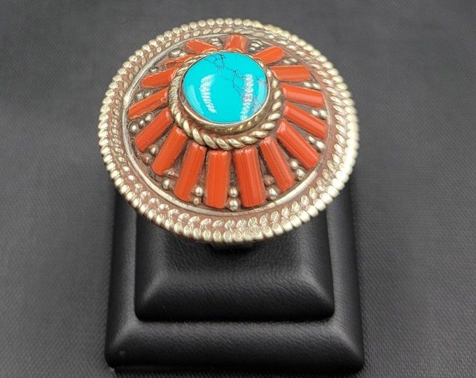 Wonderful Vintage Silver Old Ring With Natural Coral And Turquoise Stone