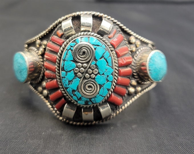 Boho Silver Euthic Tibeten Silver Bangle Bracelet With Natural Turquoise Coral Adjustable