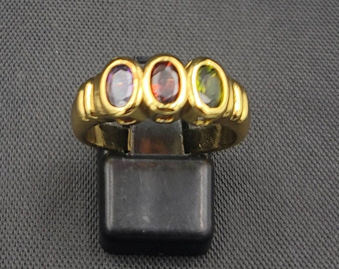 Super Gorgeous Vintage 20k Gold Over Silver Ring With Natural Peridot Garnet Amethyst Gemstone
