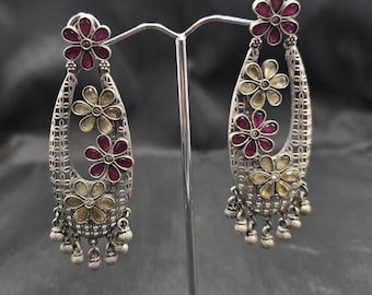Antique Old Silver Afghanistan Handmade Kuchi Design Earrings With Garnet Gemstone