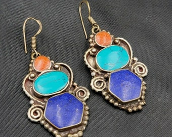 Handmade Silver Earrings: Lapis Lazuli, Turquoise & Coral Gemstone