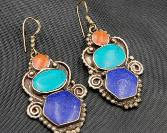 Beautiful Near Eastern Silver Earrings With Natural Lapis Lazuli and Turquoise