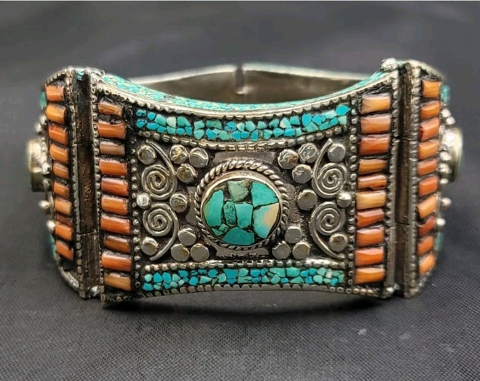 Super Quality Boho Tibeten Old Silver Vintage Bracelet With Turquoise Coral