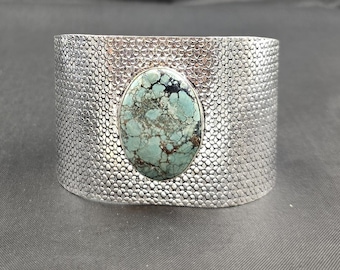 Vintage Turquoise Solid Silver Bangle: Handmade Adjustable Bracelet