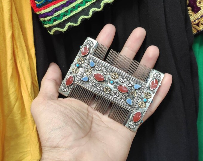 Super Unique Mughal Afghanistan Old Silver Vintage Comb With Agate Lapis And Turquoise Stone