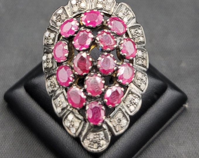 Gerogues  Natural Ruby Mozambique Red Ruby With Rose Cut Daimond Surround Gold Over Silver Ring