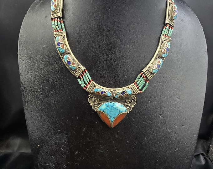 Authentic Vintage Tibeten Silver Necklace With Natural Turquoise And Coral Stone