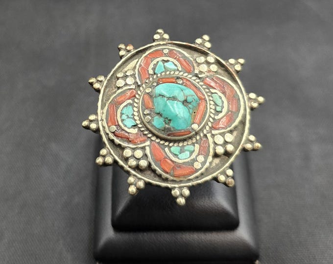 Handmade Vintage Authentic Silver Ring With Natural Turquoise And Coral Stone Ring