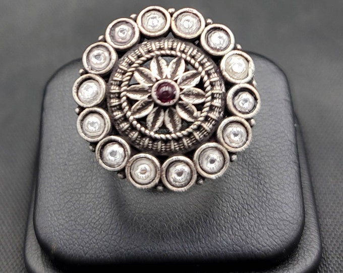 Beautiful Antique Silver Unique Ring With Natural Garnet Gemstone Adjustable Free Size