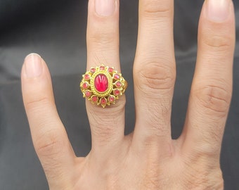Beautiful Natural Ruby Gemstone Silver Gold Plated Antique Pyu Design Ring