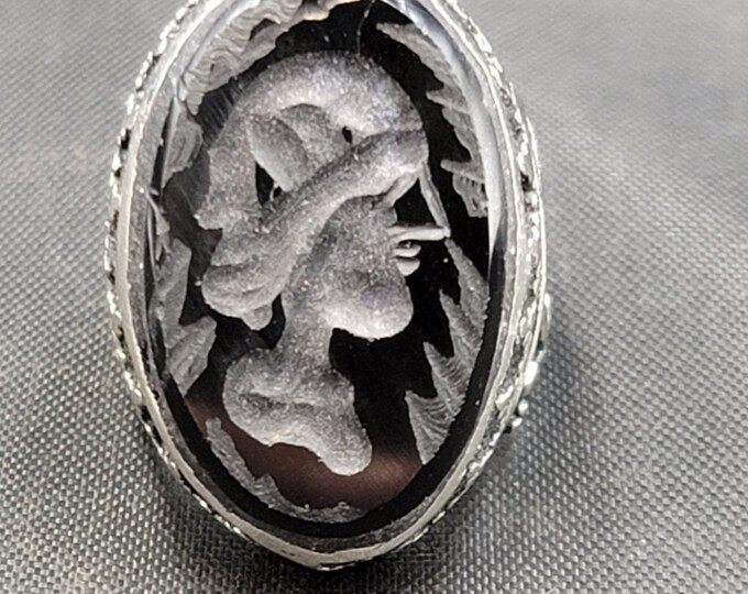 Amizing Vintage Silver Ring With Black Agate Stone Greek Empire king intaglio Unique Silver Ring