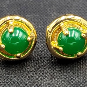 Handmade Antique Gold Plated Stud Earrings with Green Jade