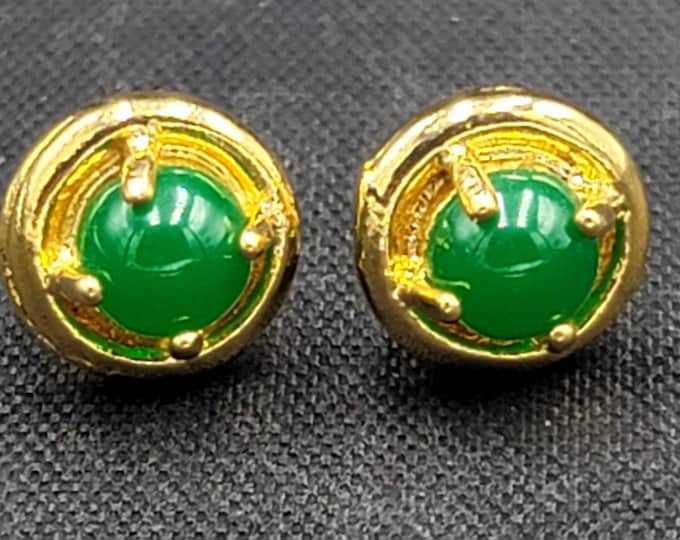 Beautiful Antique Silver Gold Gulding Earrings Stud Earrings With Natural Green Jade Gemstone