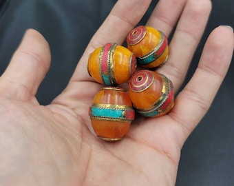 Vintage Beautiful  Copal Beads With Natural Turquoise And Coral Stone Inlaid