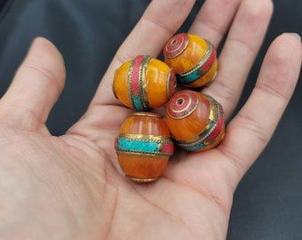 Vintage Copal Beads: Natural Turquoise & Coral Inlay, Handmade (25mm)