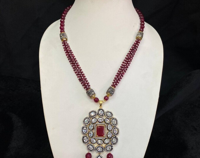 Red Agate Gemstone With Silver Gold-plated Handmade Vintage Necklace