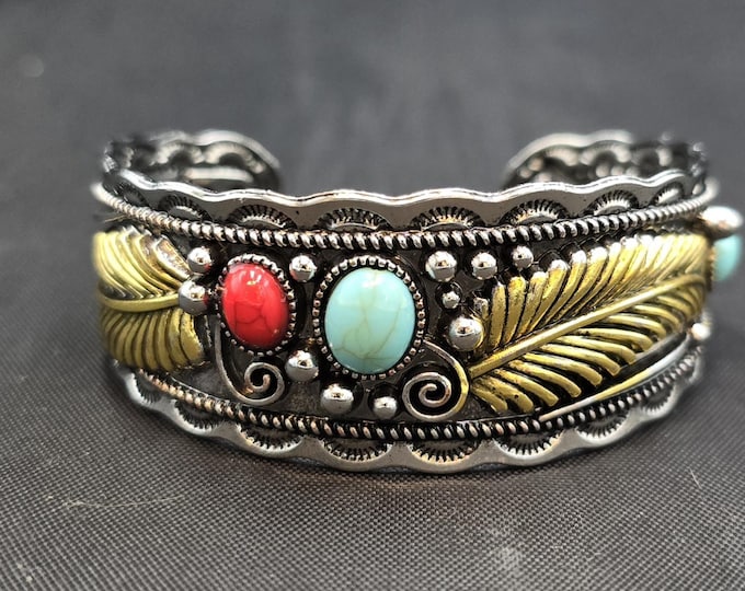 Authentic Vintage Tibetan Silver Bangle Bracelet With Natural Turquoise Coral Stone