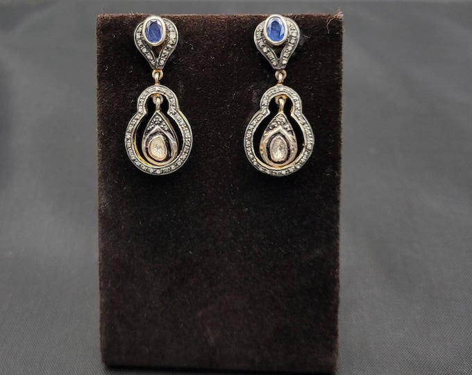 Beautiful Vintage Victorian Poki Daimond And Bule Sapphire Gemstone Silver Gold Plated Earrings