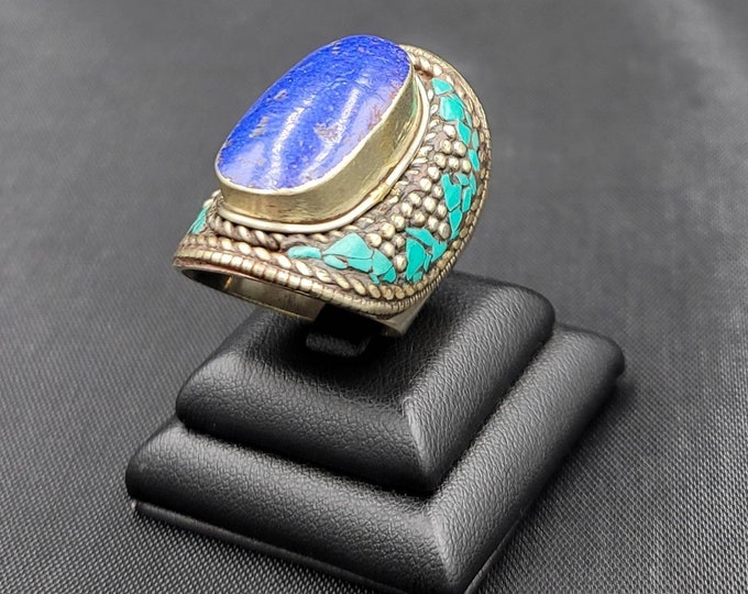 Wonderful Vintage Boho Silver Ring With Natural Lapis Lazuli and Turquoise Stone