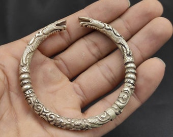 Beautiful Soild Silver Medival Carved Lucky  Bangle Bracelet