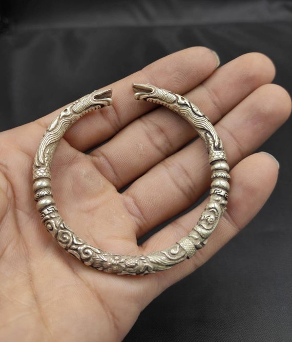 Beautiful Soild Silver Medival Carved Lucky Bangle Bracelet Etsy