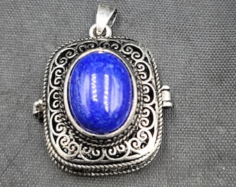 Sterling Vintage Silver Handmade Box Pendant With Natural Lapis Lazuli Stone Necklace Pill Box Pendant