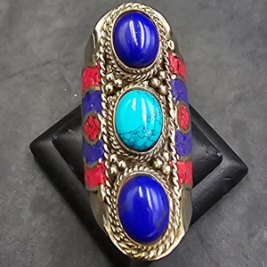 Tibeten Vintage Silver Ring With Lapis Lazuli Coral And Turquoise Stone