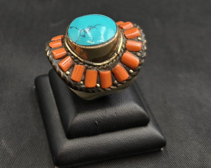 Turquoise & Coral Tibetan Silver Ring - Handmade Size 9