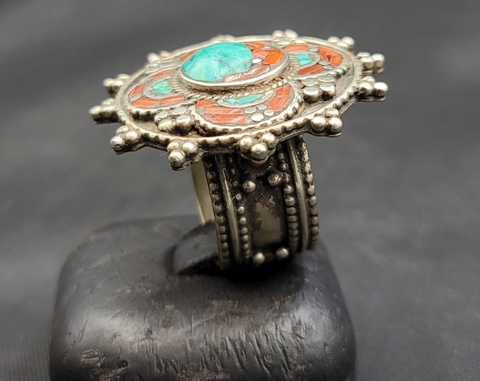 Genuine Antique Old Natural Big Coral Huge Od Ring Silver Coral