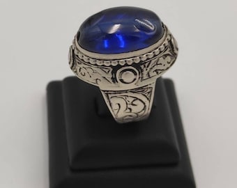 Handmade Silver Mughal Empire Ring: Natural Blue Sapphire, Size 9