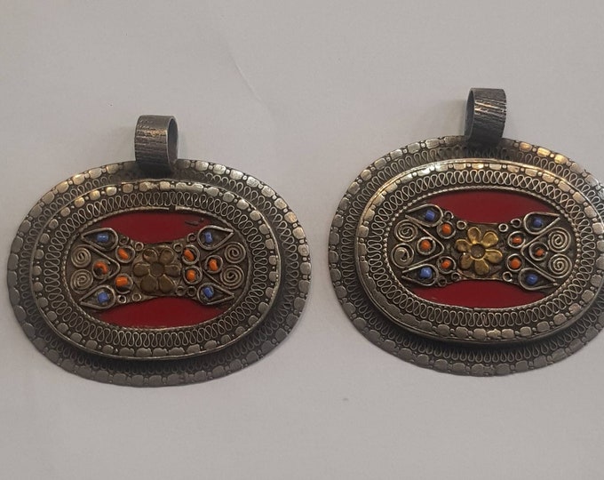 Beautiful Handmade Old Silver Vintage Kazaki Afghanistan Pendant With Red Ceramic
