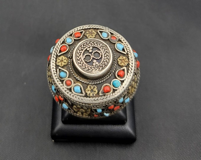 Gerogues Old Silver Huge Ring Yamodi Afghan Ring With Tinny Coral and Turquoise