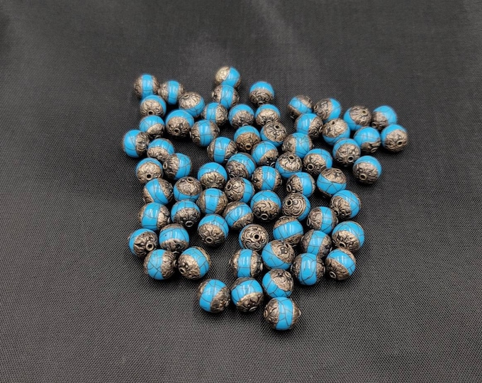 Vintage Beautiful Tibeten Turquoise And Silver Round Beads 11mm Beads