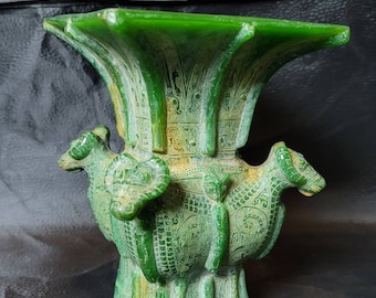 Antique Tibetan Jade Pot: Carved Deer Head Flowers, Art Deco