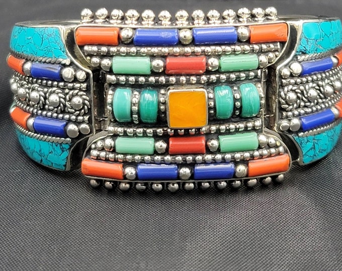 Vintage Beautiful Tibeten Silver Bangle With Natural Turquoise Lapis Lazuli and Coral Stone