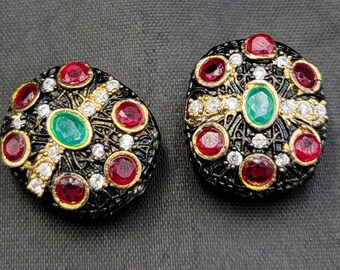Victorian Silver Beads: Emerald & Ruby Gemstone Pair (22mm)
