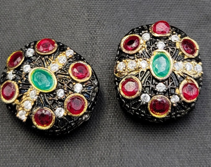Silver Beautiful Victorian 1 Pair Beads With Natural Green Emerald And Ruby Gemstone