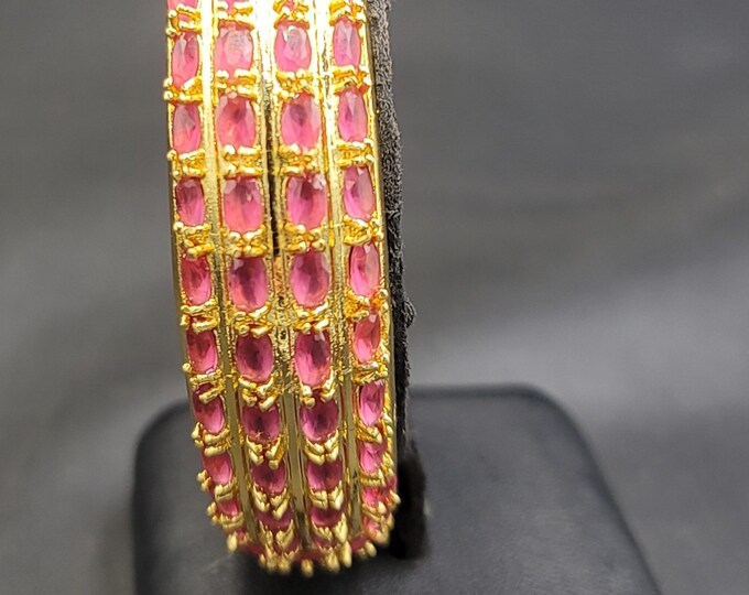 Gorgeous Red Ruby Gemstone Gold Over Silver Vintage Bangle Bracelet