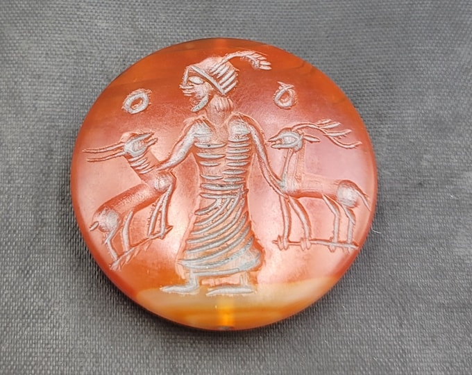 Beautiful Ancient Himalayan Agate Stone Greek King And Deer Intaglio Beads Pendant Seal Stamp