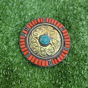 Vintage Beautiful Old Silver And Brass Tibeten Belt Buckle With Natural Coral And Turquoise