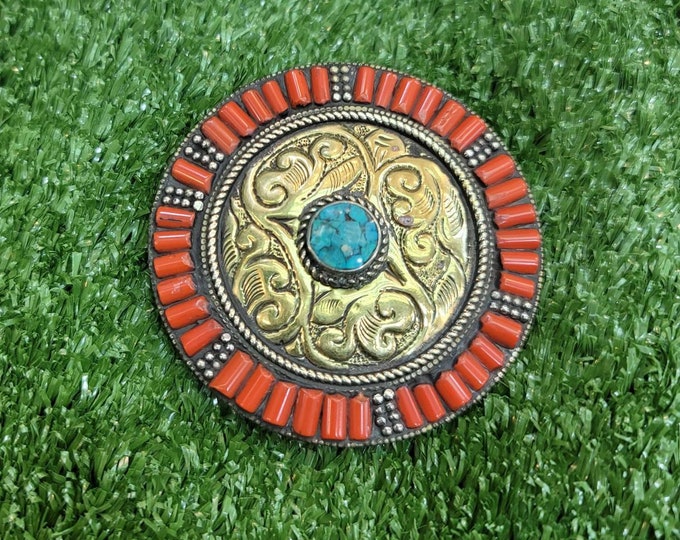 Vintage Beautiful Old Silver And Brass Tibeten Belt Buckle With Natural Coral And Turquoise