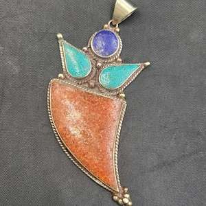 Handmade Silver Pendant: Coral, Turquoise & Lapis Lazuli Stone